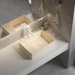 Cream-Style Ceramic Countertop Basin with Washboard Integrated Hand Wash Basin Bathroom Washing Machine Basin Cream-Style Ceramic Countertop Basin with Washboard Integrated Hand Wash Basin Bathroom Washing Machine Basin