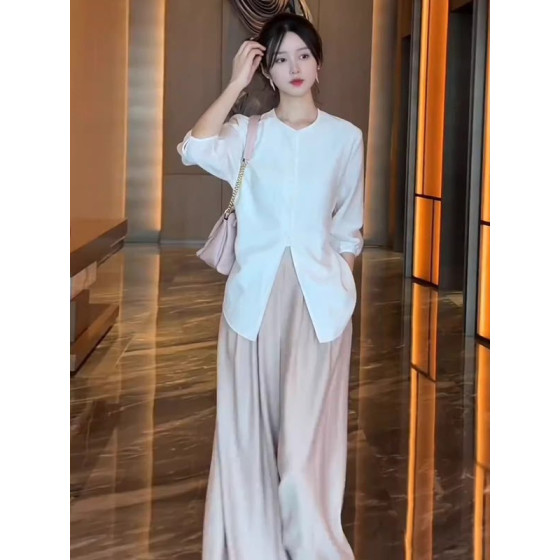 2025 summer new niche high-end style relaxed casual round neck shirt wide-leg trousers two-piece set women's clothing 2025 summer new niche high-end style relaxed casual round neck shirt wide-leg trousers two-piece set women's clothing