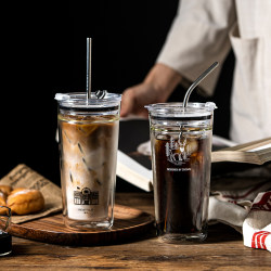 Double-Layer High-Temperature Resistant Glass Straw Cup for Women, High-Looking Iced American Coffee Cup, Adult Milk Tea Cold Drink Cup Double-Layer High-Temperature Resistant Glass Straw Cup for Women, High-Looking Iced American Coffee Cup, Adult Milk Tea Cold Drink Cup