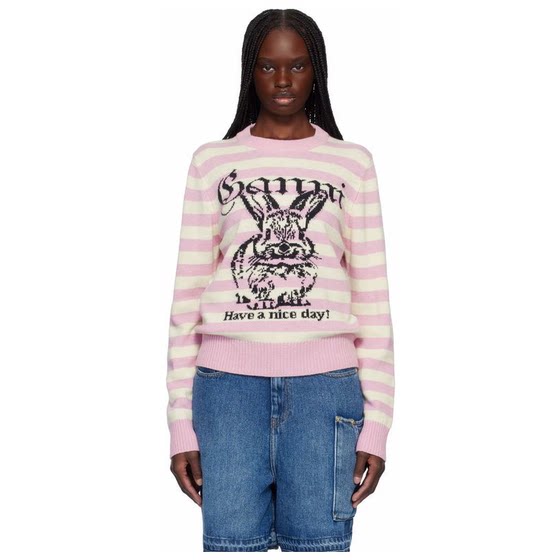 GANNI Pink White Striped Graphic Wool Bunny Sweater Women's Fashion Knitted GANNI Pink White Striped Graphic Wool Bunny Sweater Women's Fashion Knitted