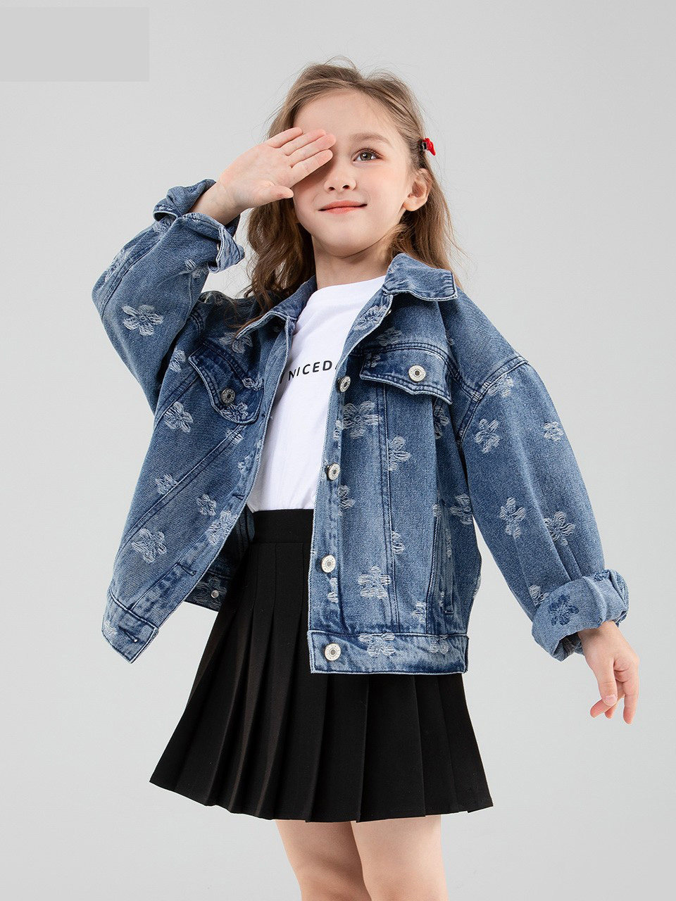 Giacca in Denim da Ragazza Baradoli con Motivo Floreale Primavera