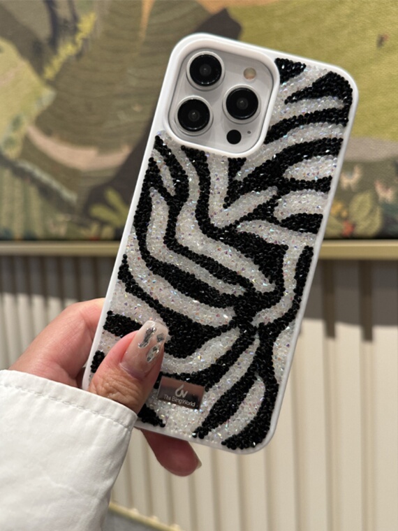 Girls Zebra Stripes Shiny Rhinestone Diamond Bling – Luxury 15, 14, 13, 12 iPhone Case