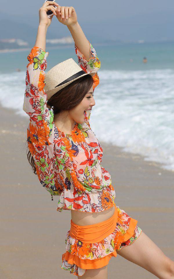 新款泡温泉情侣式钢托大小胸聚拢分体裙式比基尼四4件套女游泳衣