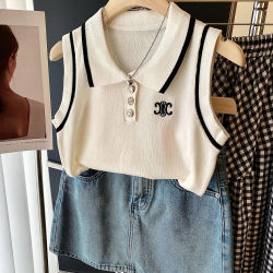 Polo collar French knitted vest for women Polo collar French knitted vest for women