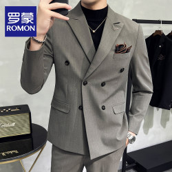 Romon High-End Double-Breasted Striped Suit Set for Men, British Business Casual Formal Wear, Groom Wedding Suit, Trendy Romon High-End Double-Breasted Striped Suit Set for Men, British Business Casual Formal Wear, Groom Wedding Suit, Trendy