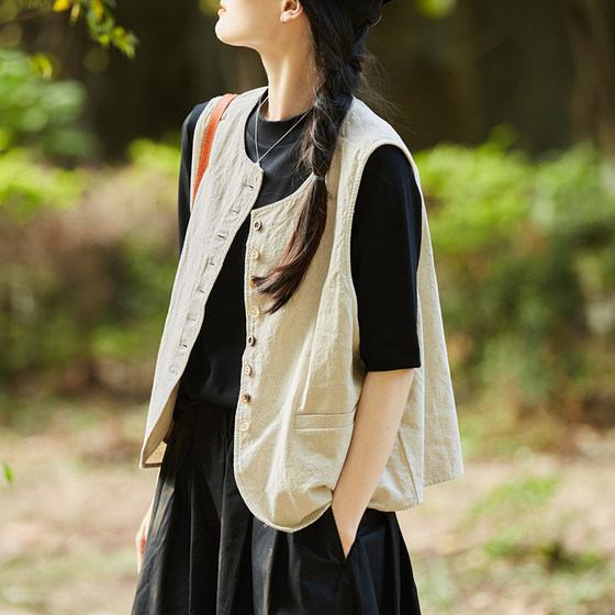 Gujia Literary small round neck cotton linen casual vest, breasted layered sleeveless jacket for women 2025 spring new style Gujia Literary small round neck cotton linen casual vest, breasted layered sleeveless jacket for women 2025 spring new style