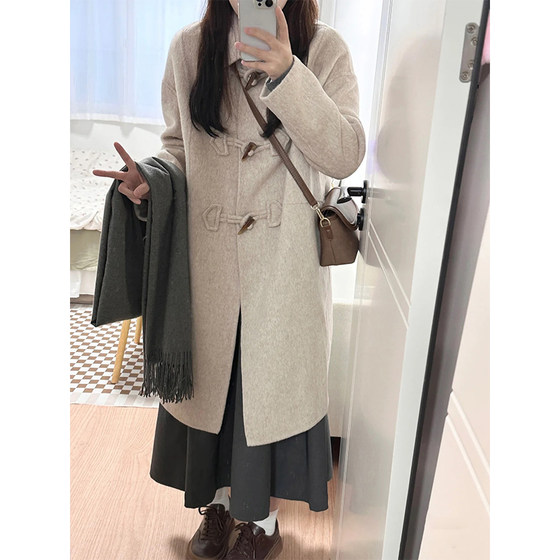 High quality cowhide button woolen coat for women's autumn and winter wear, new Korean version of small and medium length loose woolen coat High quality cowhide button woolen coat for women's autumn and winter wear, new Korean version of small and medium length loose woolen coat