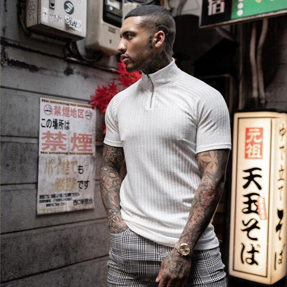 Muscular men's sports knitted polo shirt summer fashion stand collar zipper elastic breathable fitness short-sleeved T-shirt
Muscular men's sports knitted polo shirt summer fashion stand collar zipper elastic breathable fitness short-sleeved T-shirt