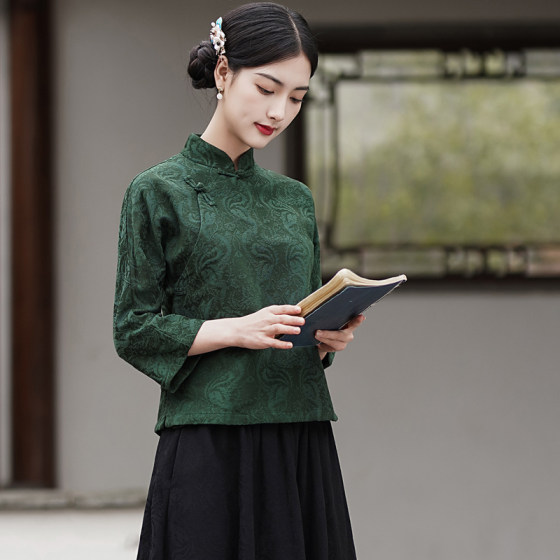 Gu Yuan Spring and Autumn Zen cotton and linen women's clothing, artistic and retro short, slim fit, slanted collar, Chinese style button top, tea suit Gu Yuan Spring and Autumn Zen cotton and linen women's clothing, artistic and retro short, slim fit, slanted collar, Chinese style button top, tea suit