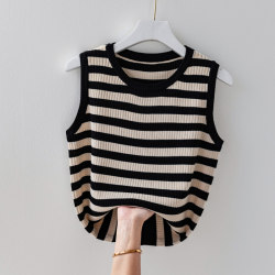 Women's round neck ice silk striped camisole Women's round neck ice silk striped camisole