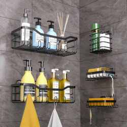 Wall-mounted bathroom rack without punching bathroom basket black bathroom stainless steel bathroom rack five-piece set Wall-mounted bathroom rack without punching bathroom basket black bathroom stainless steel bathroom rack five-piece set