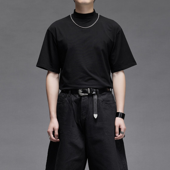 Half high neck T-shirt, men's trendy small neckline slim mid-collar inner layer base combed cotton spring and summer versatile COS short-sleeved tee 
Half high neck T-shirt, men's trendy small neckline slim mid-collar inner layer base combed cotton spring and summer versatile COS short-sleeved tee