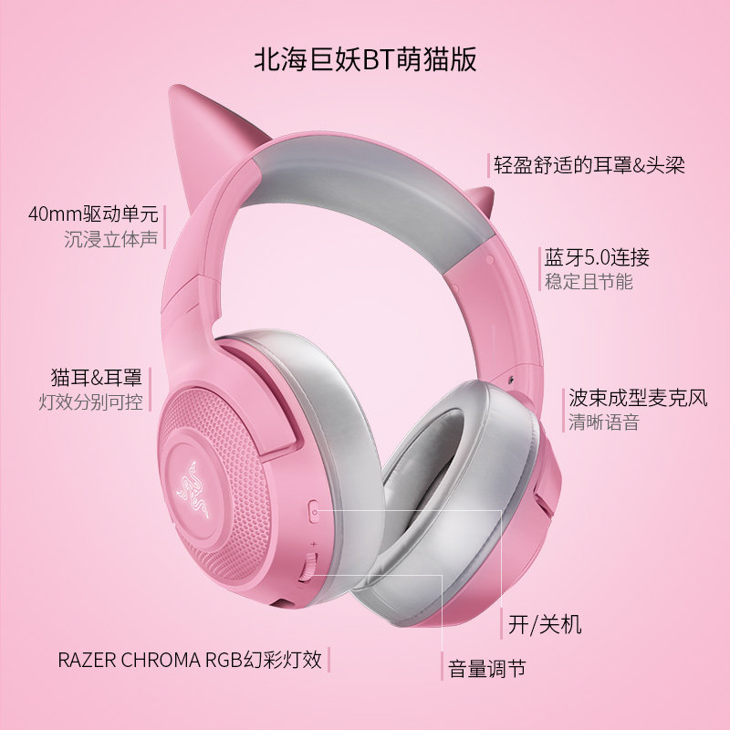 RAZER BEIHAI MONSTER 귀여운 고양이 에디션 핑크 크리스탈 USB 헤드 장착형 유선 E-스포츠 컴퓨터 게임용 헤드셋(마이크 포함)-