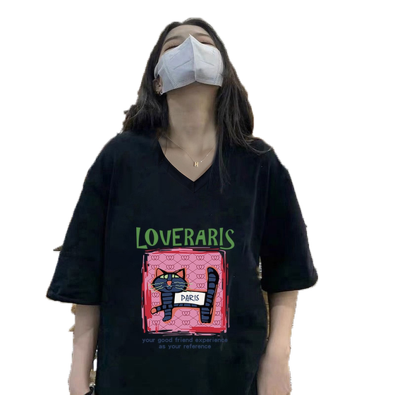 Hong Kong flavor oversize large size high-end V-neck top for women ins trendy niche cotton casual short-sleeved T-shirt Hong Kong flavor oversize large size high-end V-neck top for women ins trendy niche cotton casual short-sleeved T-shirt