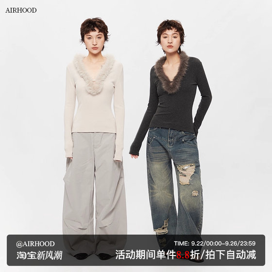 AIRHOOD 2025 autumn high-end temperament long-sleeved top American fur V-neck slim fit hot girl T-shirt for women AIRHOOD 2025 autumn high-end temperament long-sleeved top American fur V-neck slim fit hot girl T-shirt for women