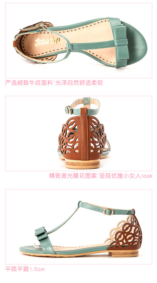 00元】grace gift复古品味.t字玛丽珍蝴蝶结雕花平底凉鞋0838-80p
