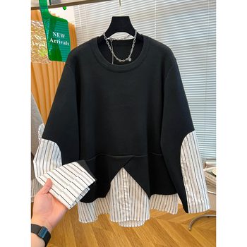 Large size women's clothing, spring and autumn holidays, two-piece round neck sweatshirt, loose slim striped splicing, versatile casual top base shirt 
Large size women's clothing, spring and autumn holidays, two-piece round neck sweatshirt, loose slim striped splicing, versatile casual top base shirt