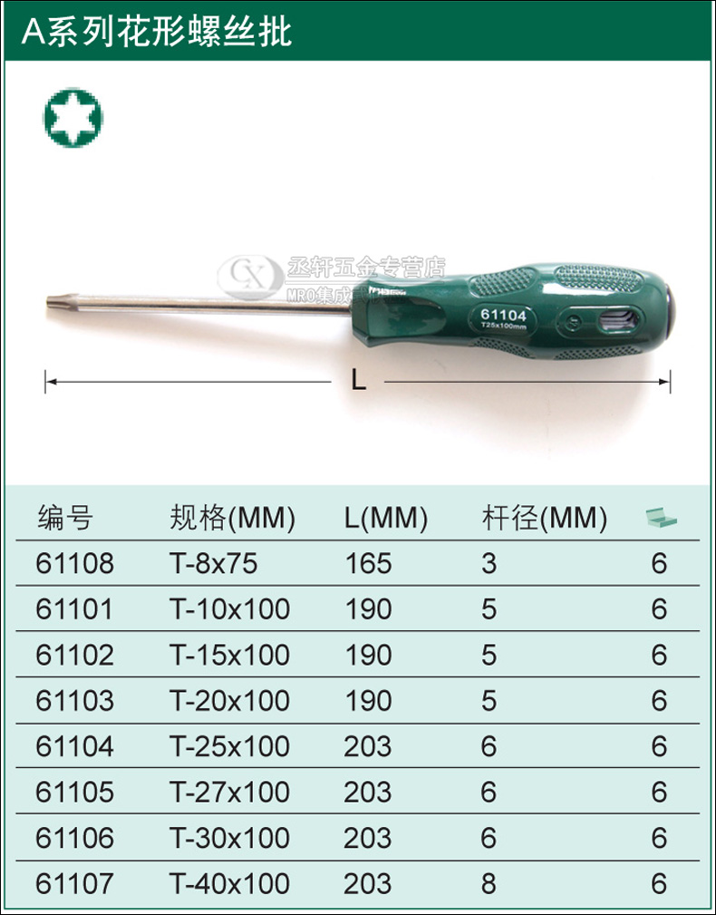 00元】终身保用世达工具专业花形梅花磁性t20螺丝刀批起子改锥61101