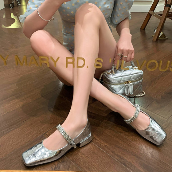 Diamond candy paper ~ Rhinestone French Mary Jane shoes silver single shoes women's 2024 new genuine leather square head low heel spring style Diamond candy paper ~ Rhinestone French Mary Jane shoes silver single shoes women's 2024 new genuine leather square head low heel spring style
