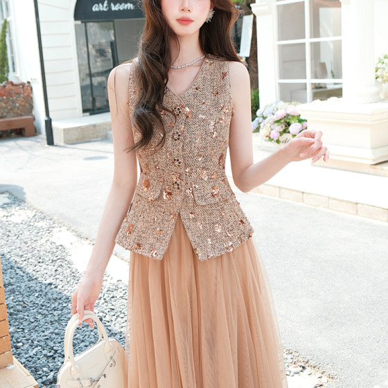 French high-end temperament short V-neck rich girl sleeveless vest women's high waist mesh skirt royal sister suit
French high-end temperament short V-neck rich girl sleeveless vest women's high waist mesh skirt royal sister suit