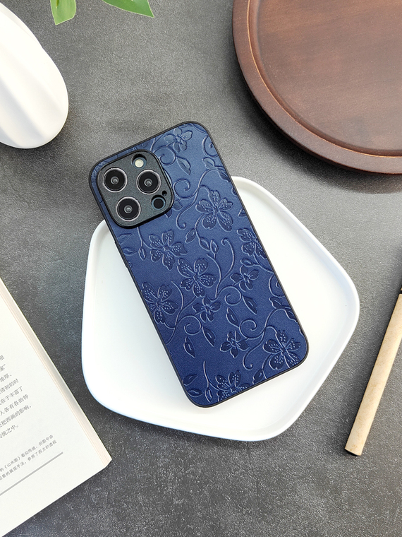 Embossed Premium Flower Genuine Leather 15, 14, 13, 12, 11 iPhone Case