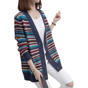 V-neck striped knitted cardigan for women 2025 autumn and winter new style loose lazy style outer top thick sweater jacket trendy 
V-neck striped knitted cardigan for women 2025 autumn and winter new style loose lazy style outer top thick sweater jacket trendy
