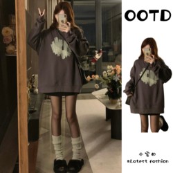 Plus-Size Korean Style Versatile Printed Round-Neck Pullover Sweatshirt for Women, Autumn and Winter, for Chubby Girls, Lazy Style, Fleece-Lined, Thickened, Slimming Top Plus-Size Korean Style Versatile Printed Round-Neck Pullover Sweatshirt for Women, Autumn and Winter, for Chubby Girls, Lazy Style, Fleece-Lined, Thickened, Slimming Top