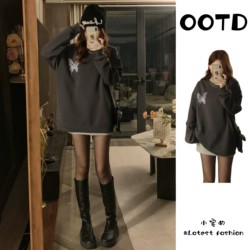 Plus size American front and rear Print crew neck Sweatshirt women's Plus size Fall and winter Loose-Fit mm Retro Fleece-lined thickened Slim Looking Tops Plus size American front and rear Print crew neck Sweatshirt women's Plus size Fall and winter Loose-Fit mm Retro Fleece-lined thickened Slim Looking Tops