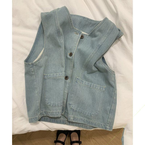 Korean chic round neck sleeveless layered denim vest for women in summer loose and versatile vest casual jacket trendy Korean chic round neck sleeveless layered denim vest for women in summer loose and versatile vest casual jacket trendy