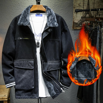 Autumn and winter medium-length velvet denim jacket men's loose black thickened hooded jacket large size warm cotton jacket trendy Autumn and winter medium-length velvet denim jacket men's loose black thickened hooded jacket large size warm cotton jacket trendy