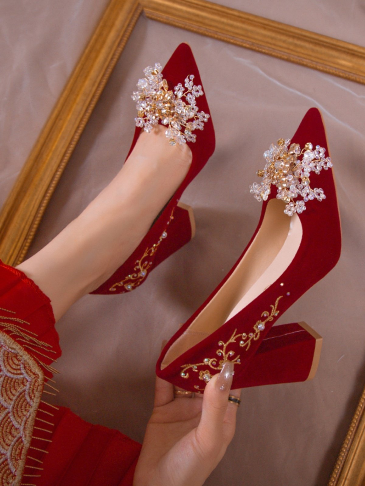 Wedding Shoes Red Rhinestone Chunky Heels Marquise Rhinestone