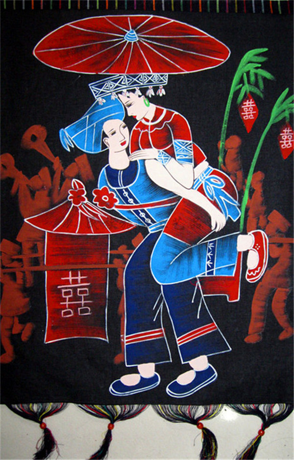 贵州蜡染布画 苗族重彩画 少数民族特色工艺 蜡染壁挂画/背新娘