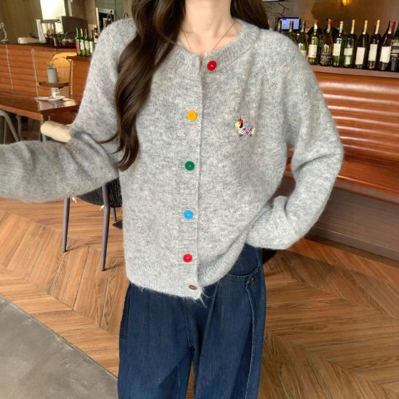 Sweet round neck color button puppy pattern long-sleeved sweater cardigan for women 2025 spring, autumn and winter Korean versatile jacket Sweet round neck color button puppy pattern long-sleeved sweater cardigan for women 2025 spring, autumn and winter Korean versatile jacket