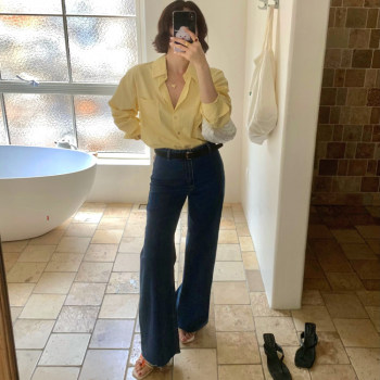 Homemade Hong Kong style retro spring and summer loose long-sleeved yellow striped shirt for women Homemade Hong Kong style retro spring and summer loose long-sleeved yellow striped shirt for women