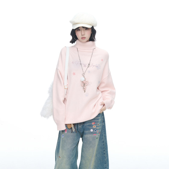 American retro printed pink turtleneck sweater for men in autumn and winter new loose lazy relaxed pullover knitted sweater
American retro printed pink turtleneck sweater for men in autumn and winter new loose lazy relaxed pullover knitted sweater