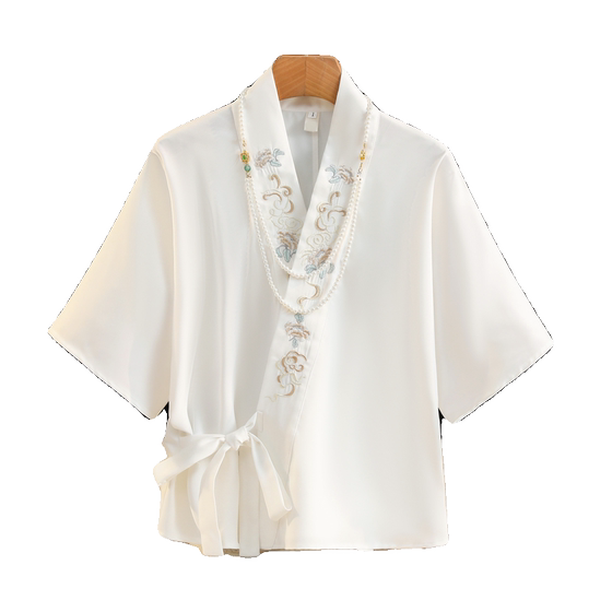 Top with horse-face skirt, new Chinese embroidered cross-collar shirt for women, summer Chinese style airplane sleeves, Hanfu shirt
Top with horse-face skirt, new Chinese embroidered cross-collar shirt for women, summer Chinese style airplane sleeves, Hanfu shirt