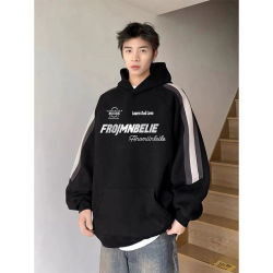 Men's loose spliced webbing contrasting color hooded sweatshirt American casual letter print pullover long-sleeved jacket trendy Men's loose spliced webbing contrasting color hooded sweatshirt American casual letter print pullover long-sleeved jacket trendy