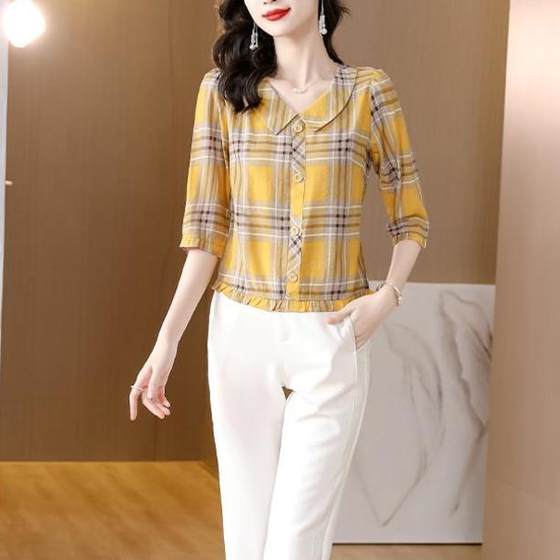 Small short top doll collar plaided three-quarter sleeve cotton linen shirt for women 2023 summer plaid shirt
Small short top doll collar plaided three-quarter sleeve cotton linen shirt for women 2023 summer plaid shirt