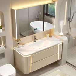 Cream Style Slate Hot-Bent Integrated Basin Bathroom Cabinet Combination Light Luxury Solid Wood Bathroom Sink Hand Wash Basin Cream Style Slate Hot-Bent Integrated Basin Bathroom Cabinet Combination Light Luxury Solid Wood Bathroom Sink Hand Wash Basin