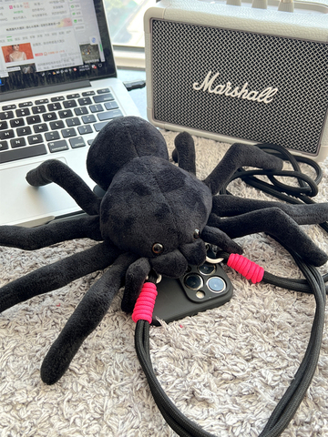 Crossbody Lanyard Strap Plush Black Spider 3D Niche 15, 14, 13, 12 iPhone Case