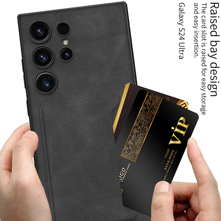 Business Synthetic Leather Card Holder Kickstand Wireless Charging Compatible S24, S24 Plus, S24 Ultra Samsung Phone Case