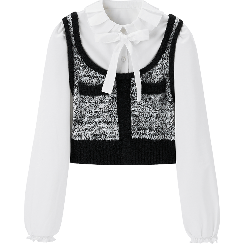 Lecho exquisite golden style fake two-piece shirt 2024 spring new knitted spliced round neck short fragrance top
Lecho exquisite golden style fake two-piece shirt 2024 spring new knitted spliced round neck short fragrance top