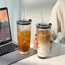 Large-Capacity Straw Cup with Lid, Office Women's Water Cup, High-Looking Transparent Coffee Ice American Latte Glass Cup Large-Capacity Straw Cup with Lid, Office Women's Water Cup, High-Looking Transparent Coffee Ice American Latte Glass Cup
