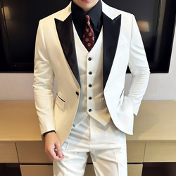 White Peaked Lapel Patchwork Suit Set for Men, Groom Wedding Attire, Slim Fit Korean Style Casual Blazer White Peaked Lapel Patchwork Suit Set for Men, Groom Wedding Attire, Slim Fit Korean Style Casual Blazer