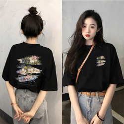 Black Short-Sleeved T-Shirt for Women 2025 Summer New Style Loose Slimming Fashionable Women's Design Floral Print Top Black Short-Sleeved T-Shirt for Women 2025 Summer New Style Loose Slimming Fashionable Women's Design Floral Print Top