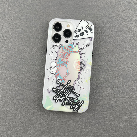White — STUSSY Skeleton On Skateboard New 15, 14, 13, 12 iPhone Case