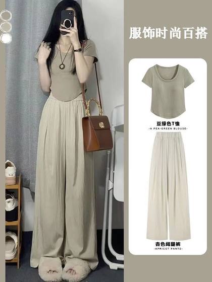 Niche design-oriented shoulder short-sleeved T-shirt suit for women 2024 summer new straight high waist wide-leg pants two-piece set
Niche design-oriented shoulder short-sleeved T-shirt suit for women 2024 summer new straight high waist wide-leg pants two-piece set