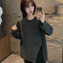 Gray round neck patchwork hooded sweatshirt for women 2025 new style Gray round neck patchwork hooded sweatshirt for women 2025 new style