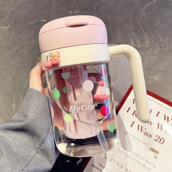 Cute Glass Water Cup for Women 2025 New Model High-Value Office Tea and Water Separation Cup with Handle and Double Drinking Straw Cup Cute Glass Water Cup for Women 2025 New Model High-Value Office Tea and Water Separation Cup with Handle and Double Drinking Straw Cup