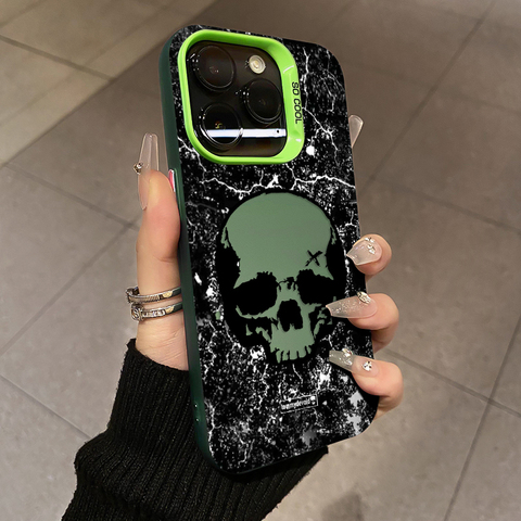 Green — Punk Goth Skull Illustration Silicone TPU 15, 14, 13, 12 iPhone Case